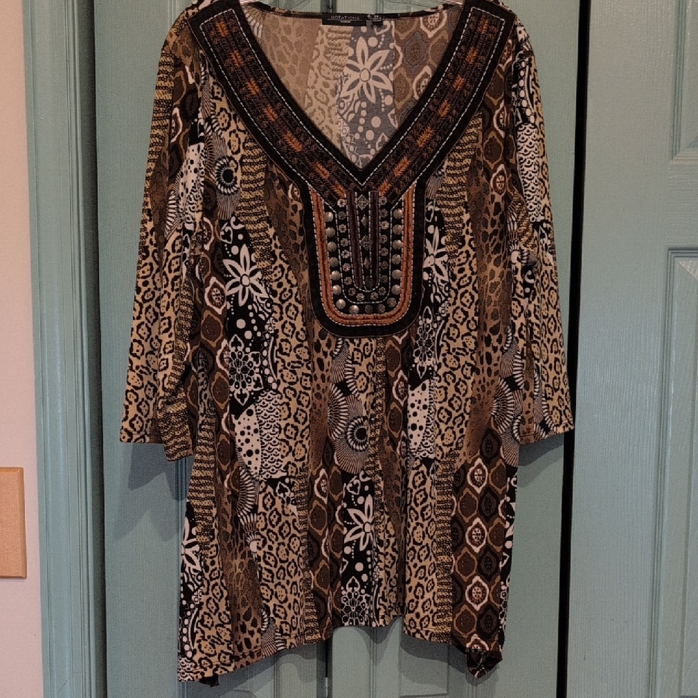 Notations Brown & Black Patterned Tunic with Beaded V-Neck